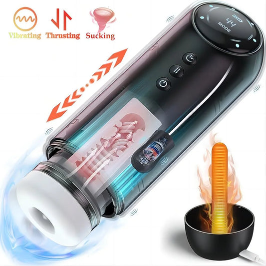 Male Masturbator Cup with Heating Base,Adult Sex Toy with 4 Thrusting & 4 Sucking & 10 Vibrating Modes,Sex Toys for Men Gift-Black